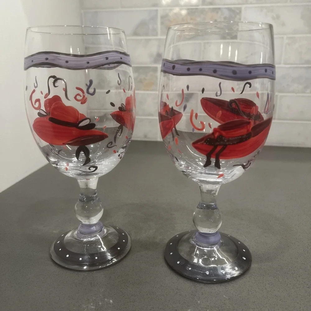 VINTAGE RED HAT LADY WINE GOBLET----HANDPAINTED----